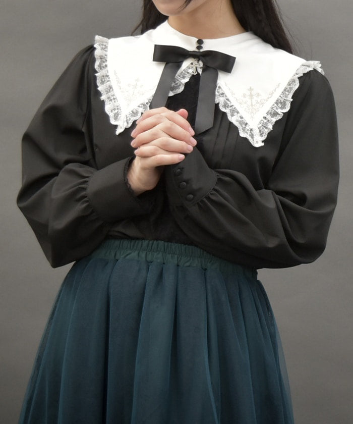 Cross Embroidery Nun Style Blouse