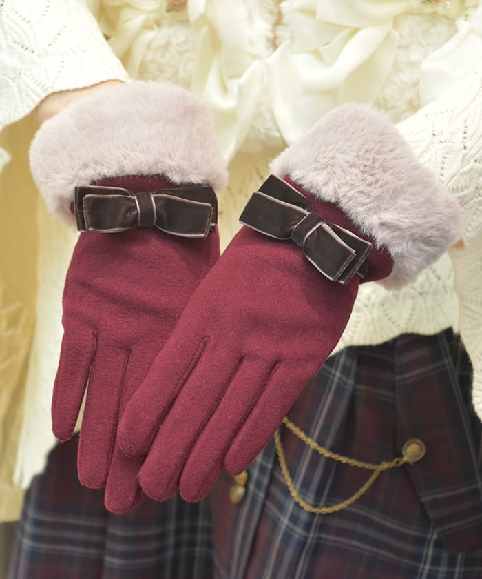 Velour Ribbon & Fur Gloves