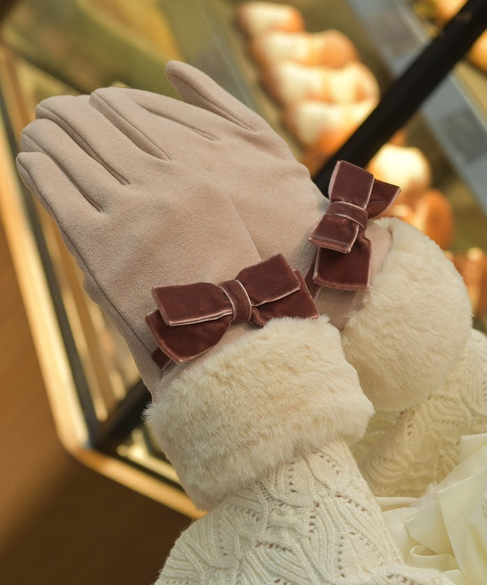 Velour Ribbon & Fur Gloves