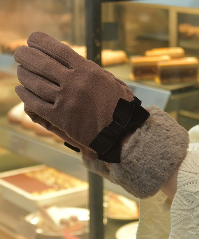 Velour Ribbon & Fur Gloves