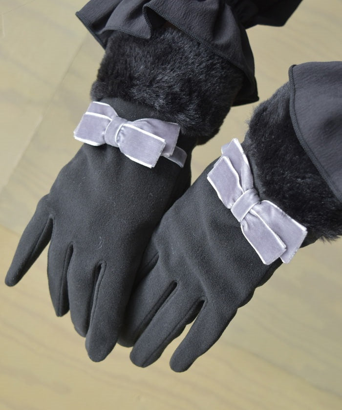 Velour Ribbon & Fur Gloves