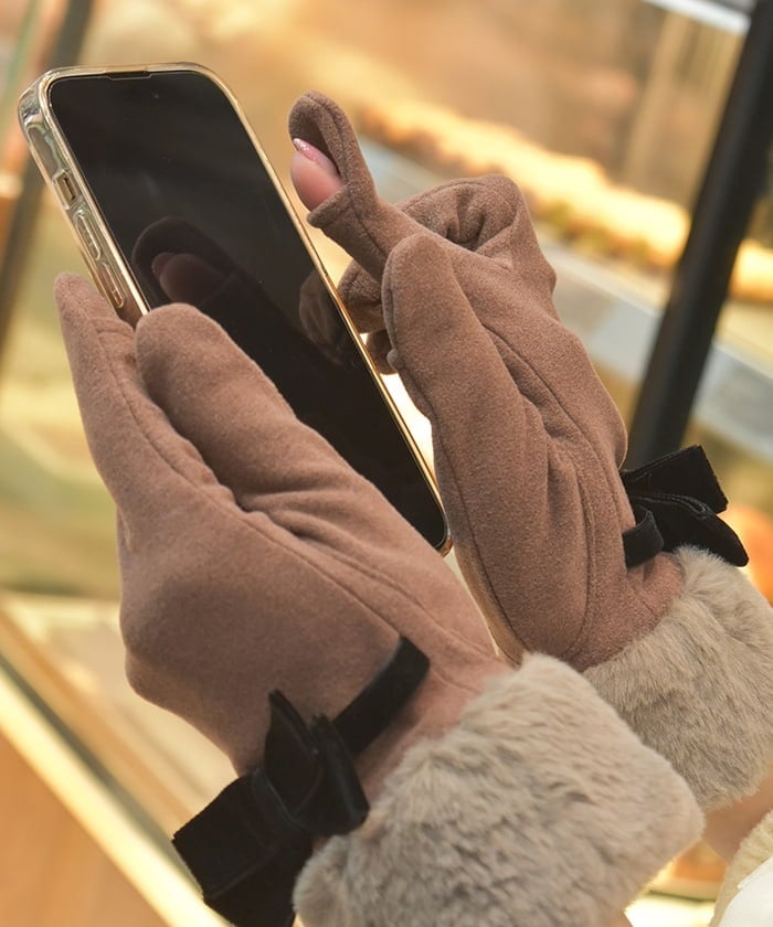 Velour Ribbon & Fur Gloves