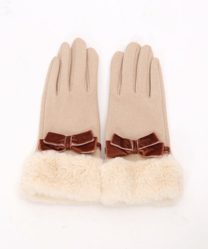 Velour Ribbon & Fur Gloves