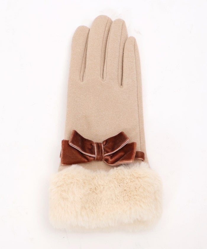 Velour Ribbon & Fur Gloves