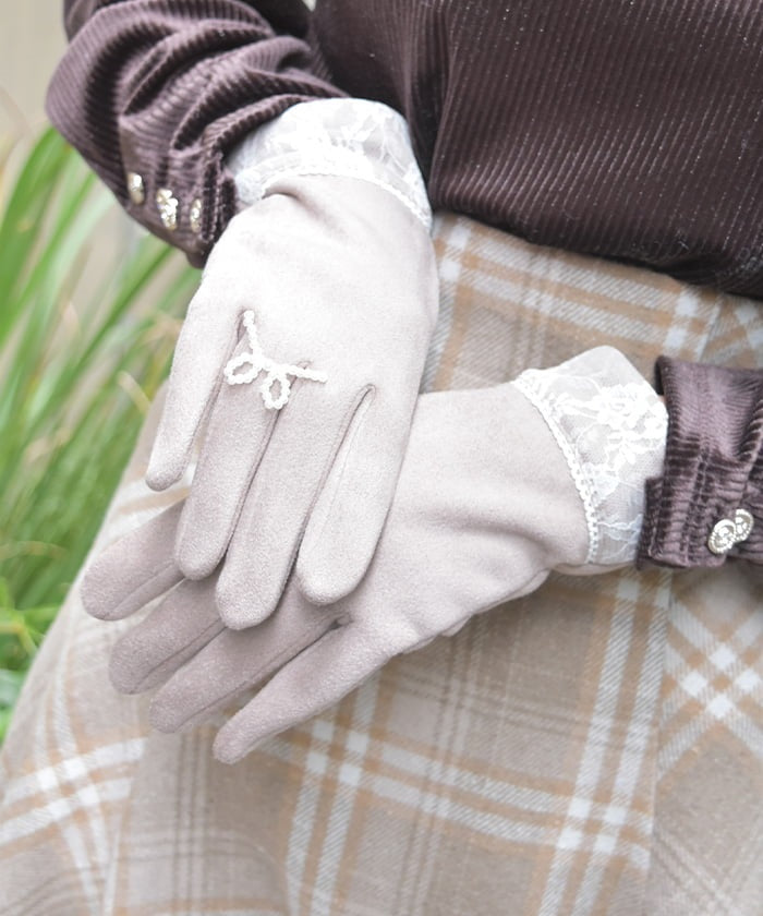 Ring Design Ribbon Suede Gloves