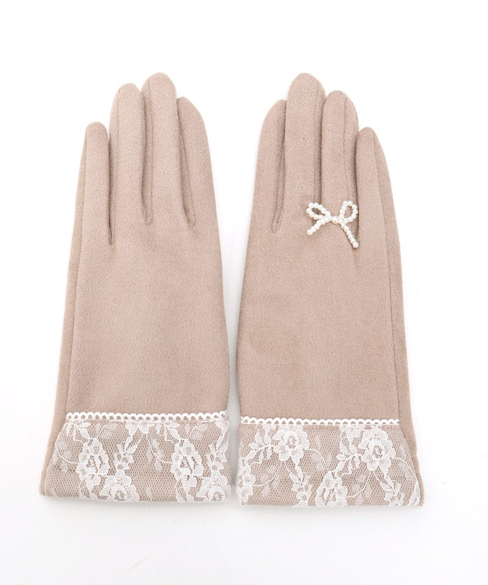 Ring Design Ribbon Suede Gloves