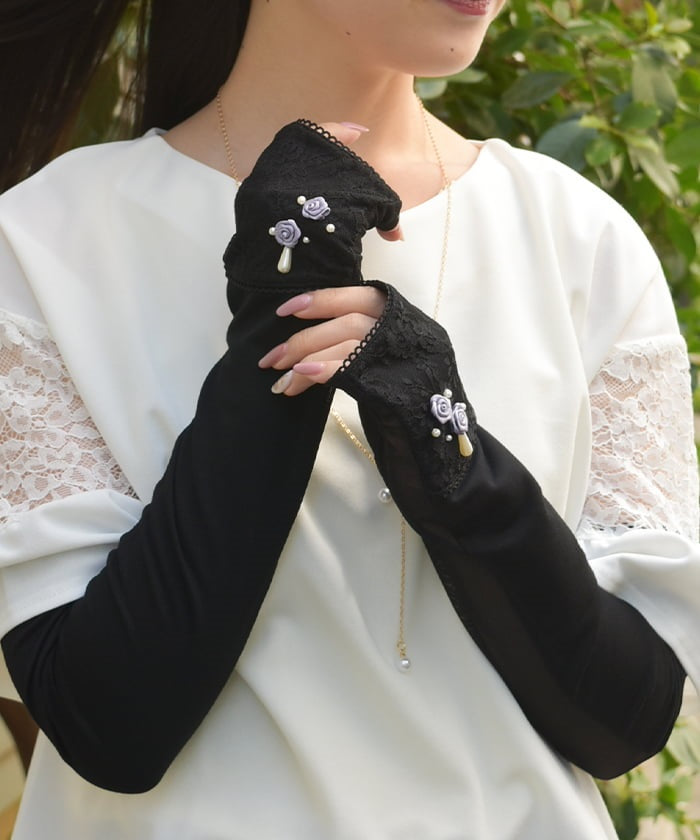 Ribbon Rose Lace Long UV Gloves