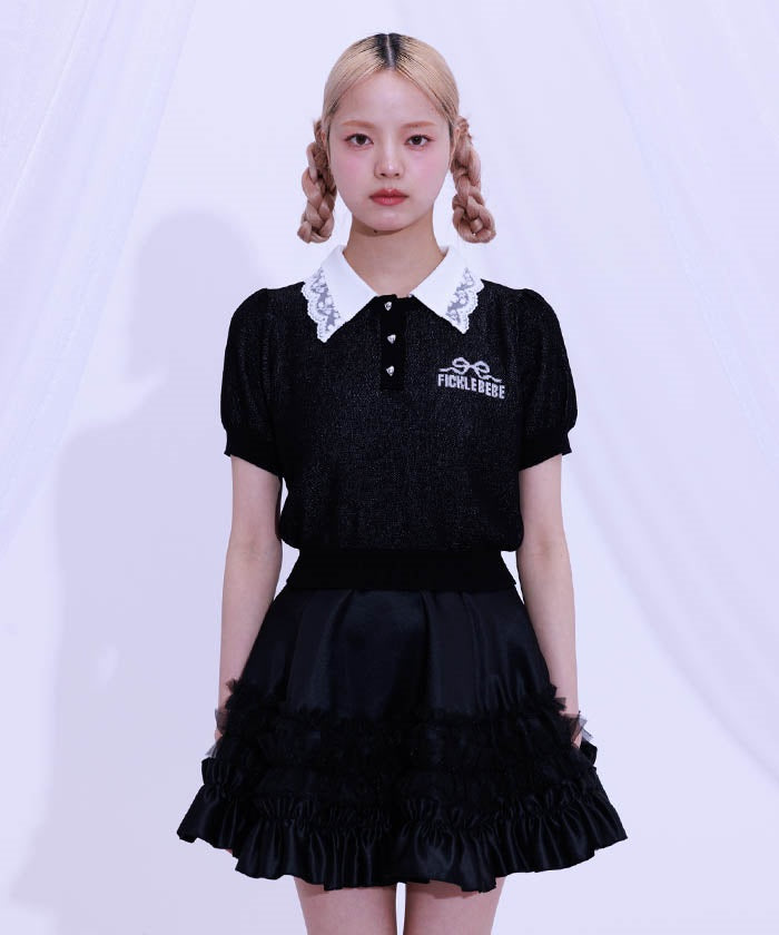 Jacquard Logo Lace Knit Top