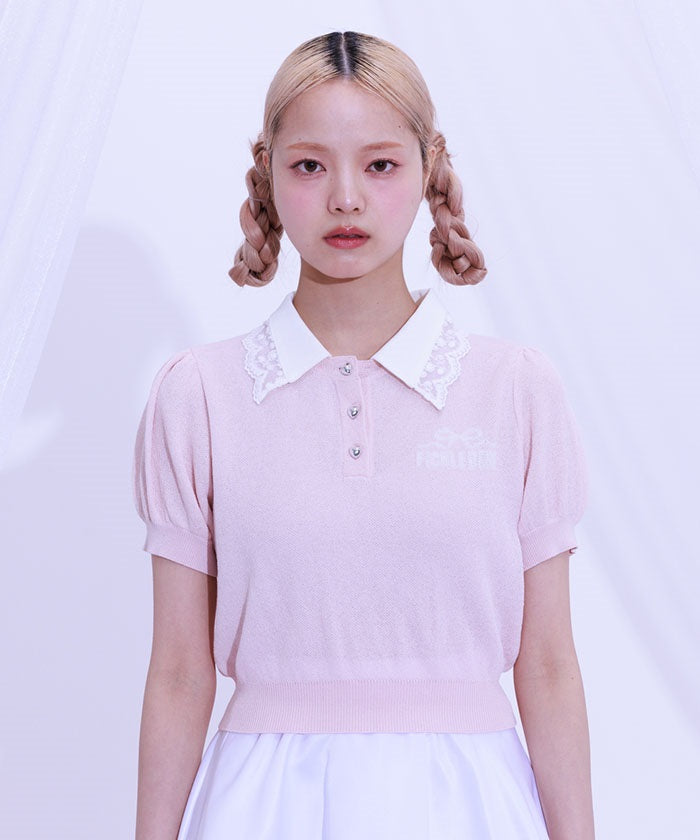 Jacquard Logo Lace Knit Top