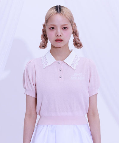 Jacquard Logo Lace Knit Top