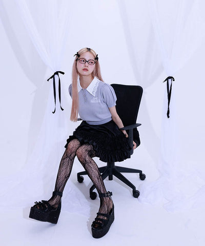Jacquard Logo Lace Knit Top