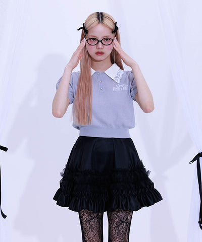 Jacquard Logo Lace Knit Top