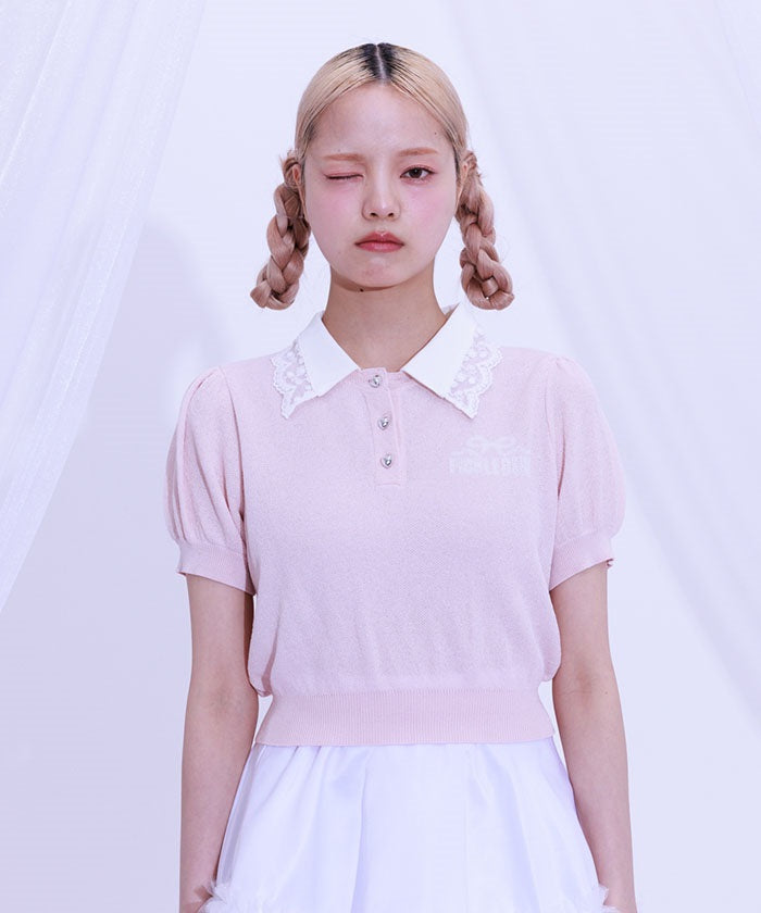 Jacquard Logo Lace Knit Top