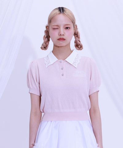 Jacquard Logo Lace Knit Top