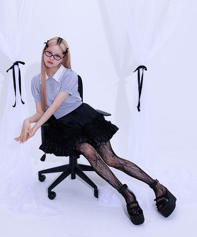 Jacquard Logo Lace Knit Top