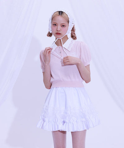 Jacquard Logo Lace Knit Top