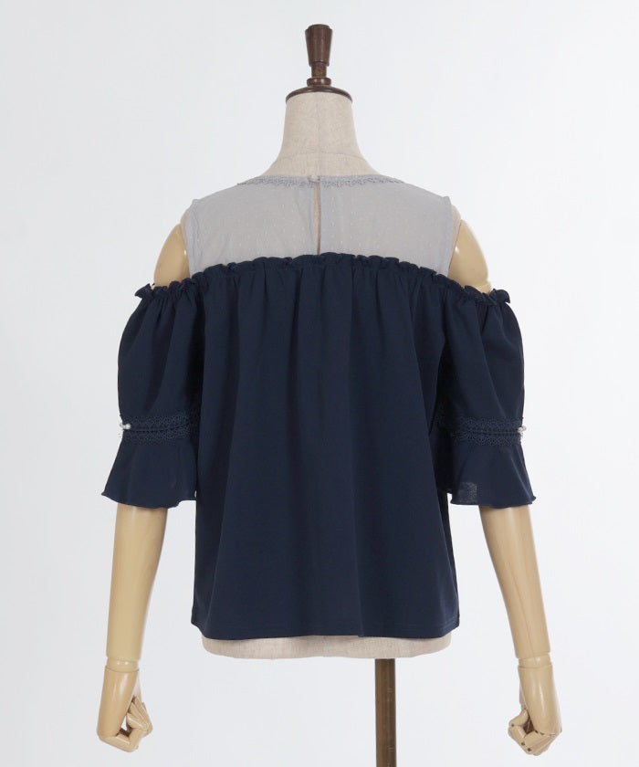 Open Shoulder Dotted Tulle Panel Pullover