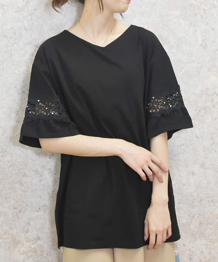 Sleeve Lace Long Cut-and-Sewn Pullover