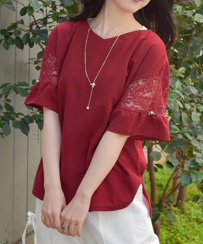 Sleeve Lace Panel Cut-and-Sewn Pullover