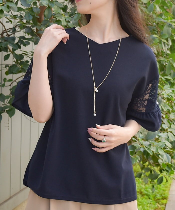 Sleeve Lace Panel Cut-and-Sewn Pullover