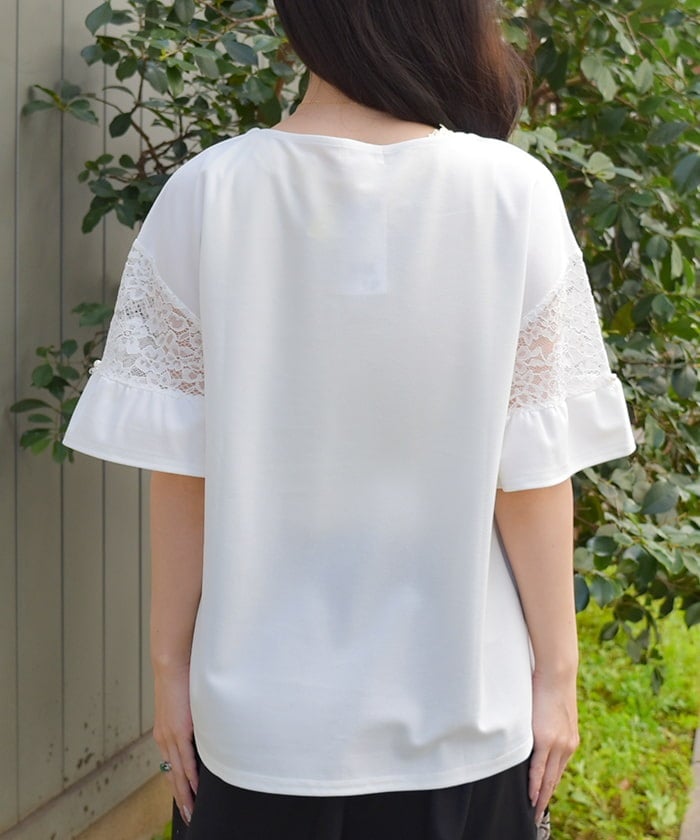 Sleeve Lace Panel Cut-and-Sewn Pullover