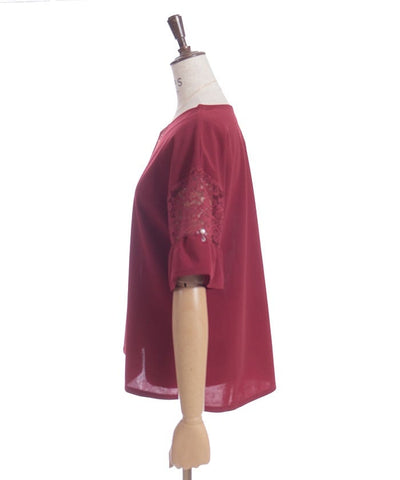 Sleeve Lace Panel Cut-and-Sewn Pullover