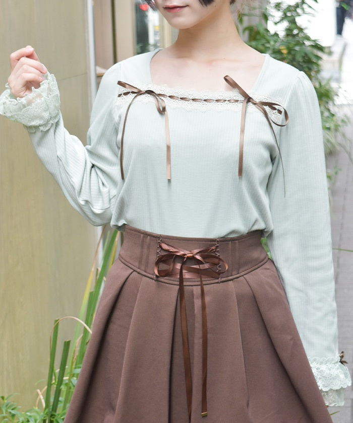 Square Neck Pullover with Ribbon