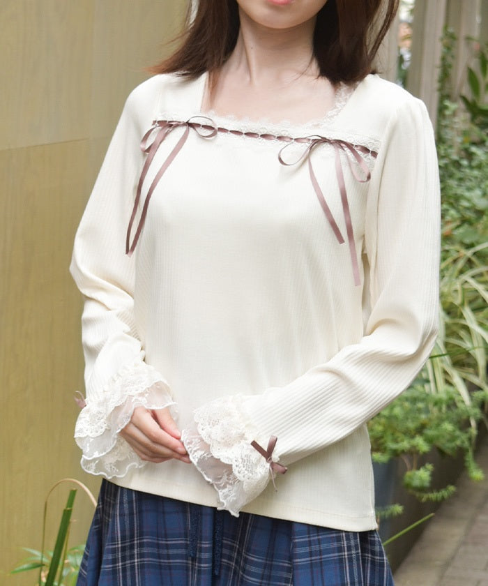 Square Neck Pullover with Ribbon