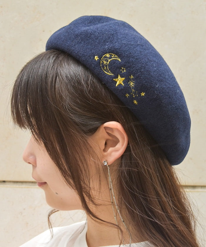 Moon & Star Embroidery Beret