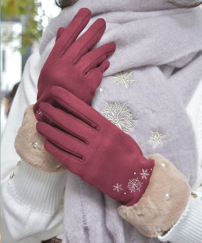 Snow Embroidery & Pearl Fur Gloves