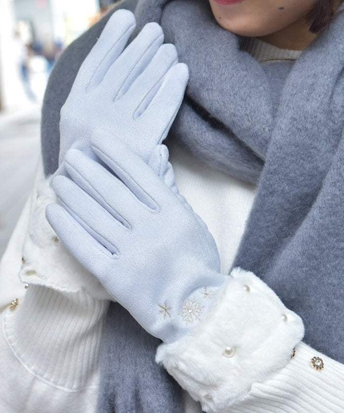 Snow Embroidery & Pearl Fur Gloves