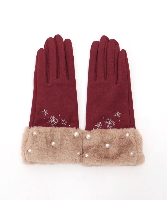 Snow Embroidery & Pearl Fur Gloves