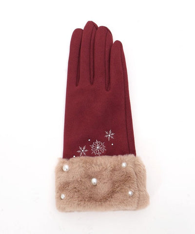 Snow Embroidery & Pearl Fur Gloves