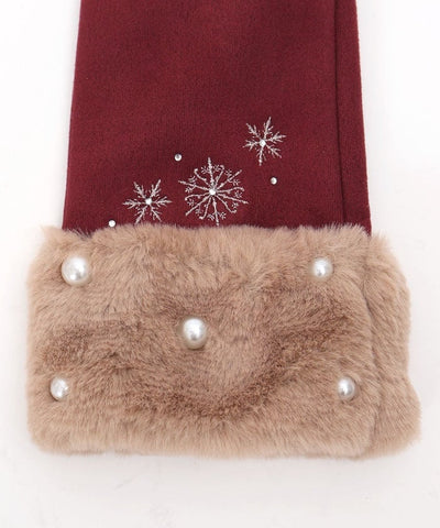 Snow Embroidery & Pearl Fur Gloves