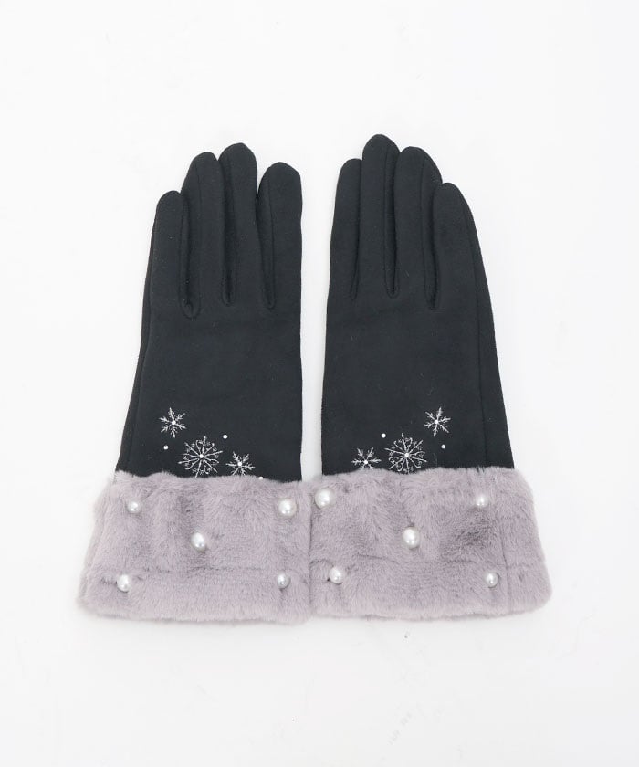 Snow Embroidery & Pearl Fur Gloves