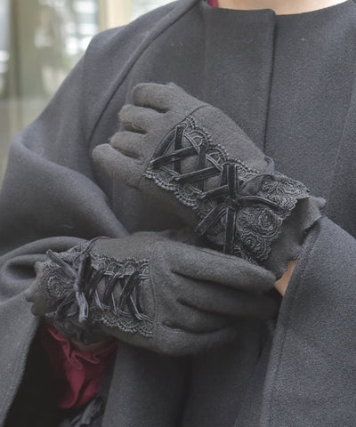 Lace-Up Velour Ribbon Gloves