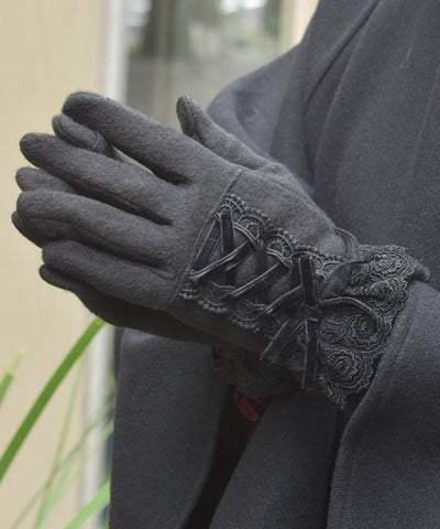 Lace-Up Velour Ribbon Gloves