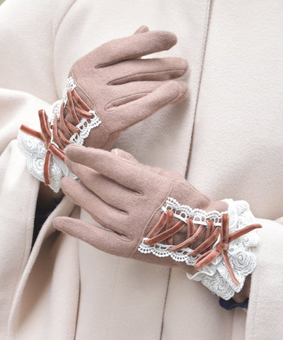 Lace-Up Velour Ribbon Gloves