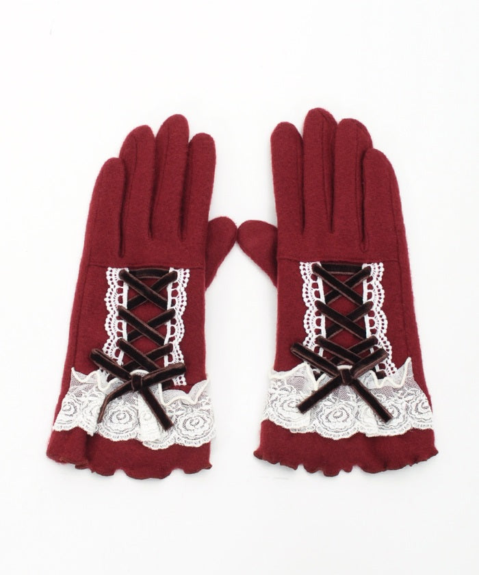 Lace-Up Velour Ribbon Gloves