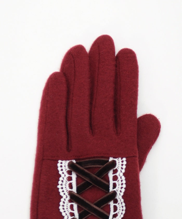 Lace-Up Velour Ribbon Gloves