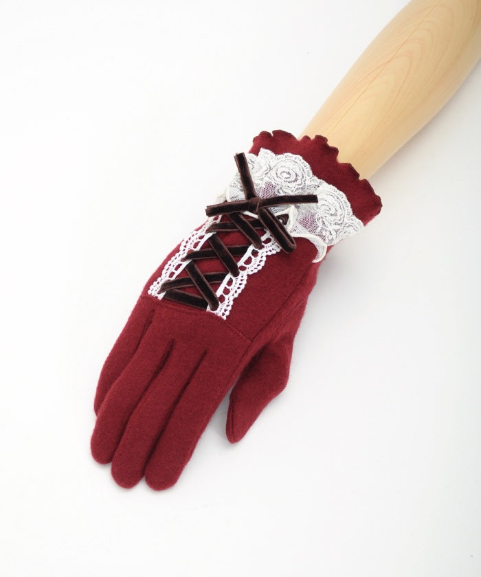 Lace-Up Velour Ribbon Gloves