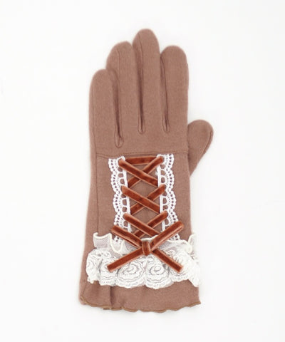 Lace-Up Velour Ribbon Gloves