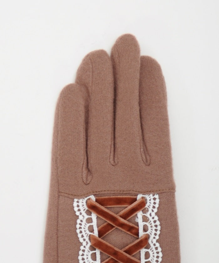 Lace-Up Velour Ribbon Gloves