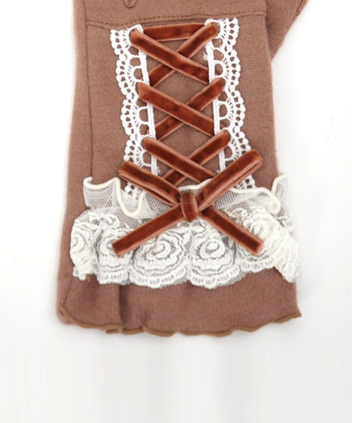 Lace-Up Velour Ribbon Gloves