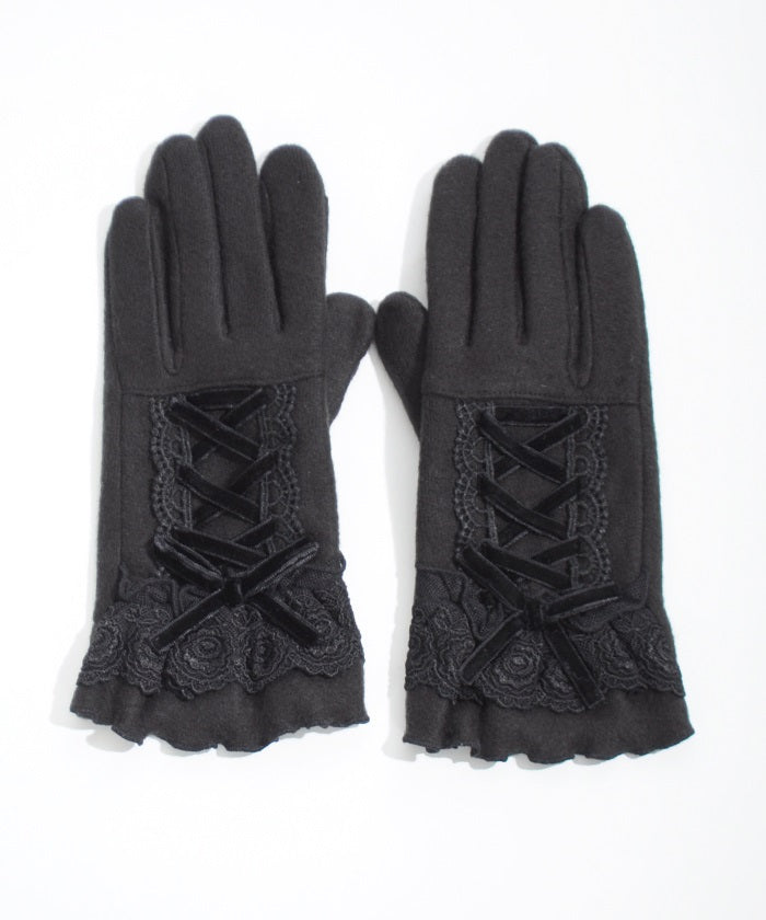 Lace-Up Velour Ribbon Gloves