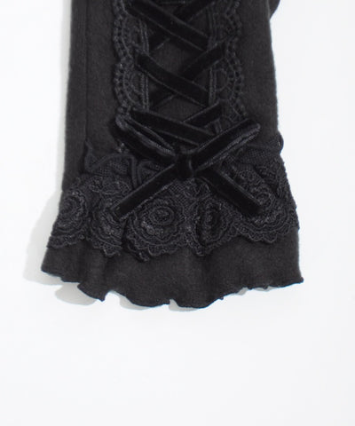 Lace-Up Velour Ribbon Gloves