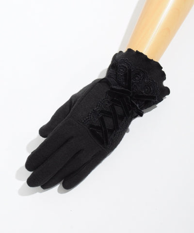 Lace-Up Velour Ribbon Gloves