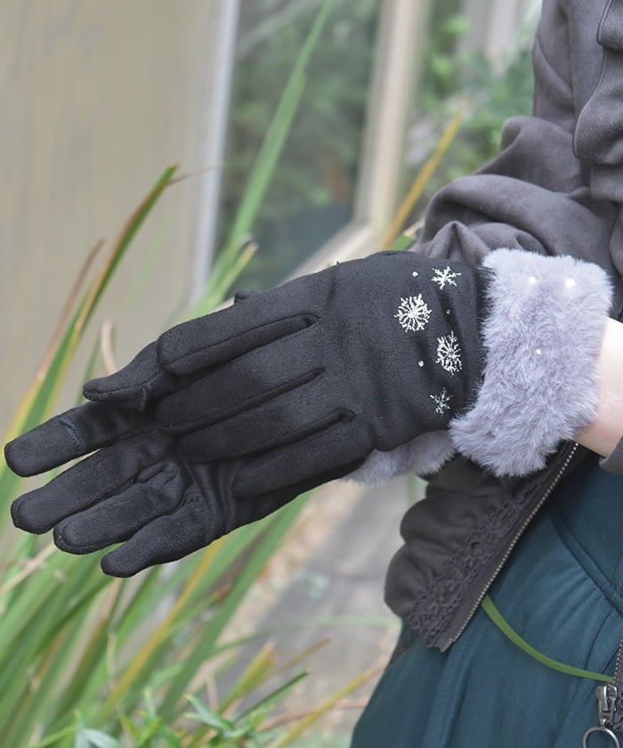 Snow Embroidery Suede Fur Gloves