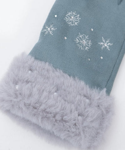 Snow Embroidery Suede Fur Gloves