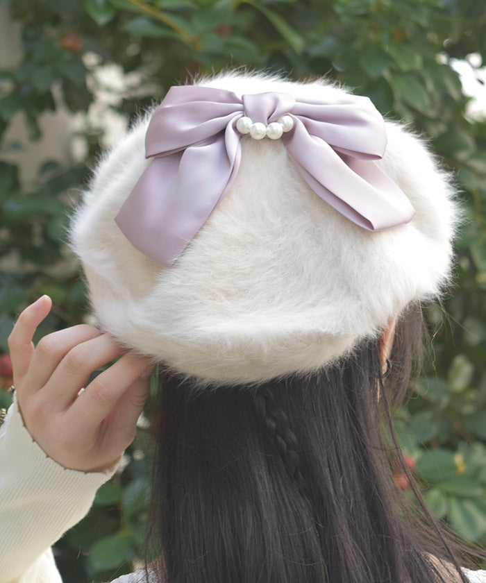 Pearl Ribbon Fur Beret